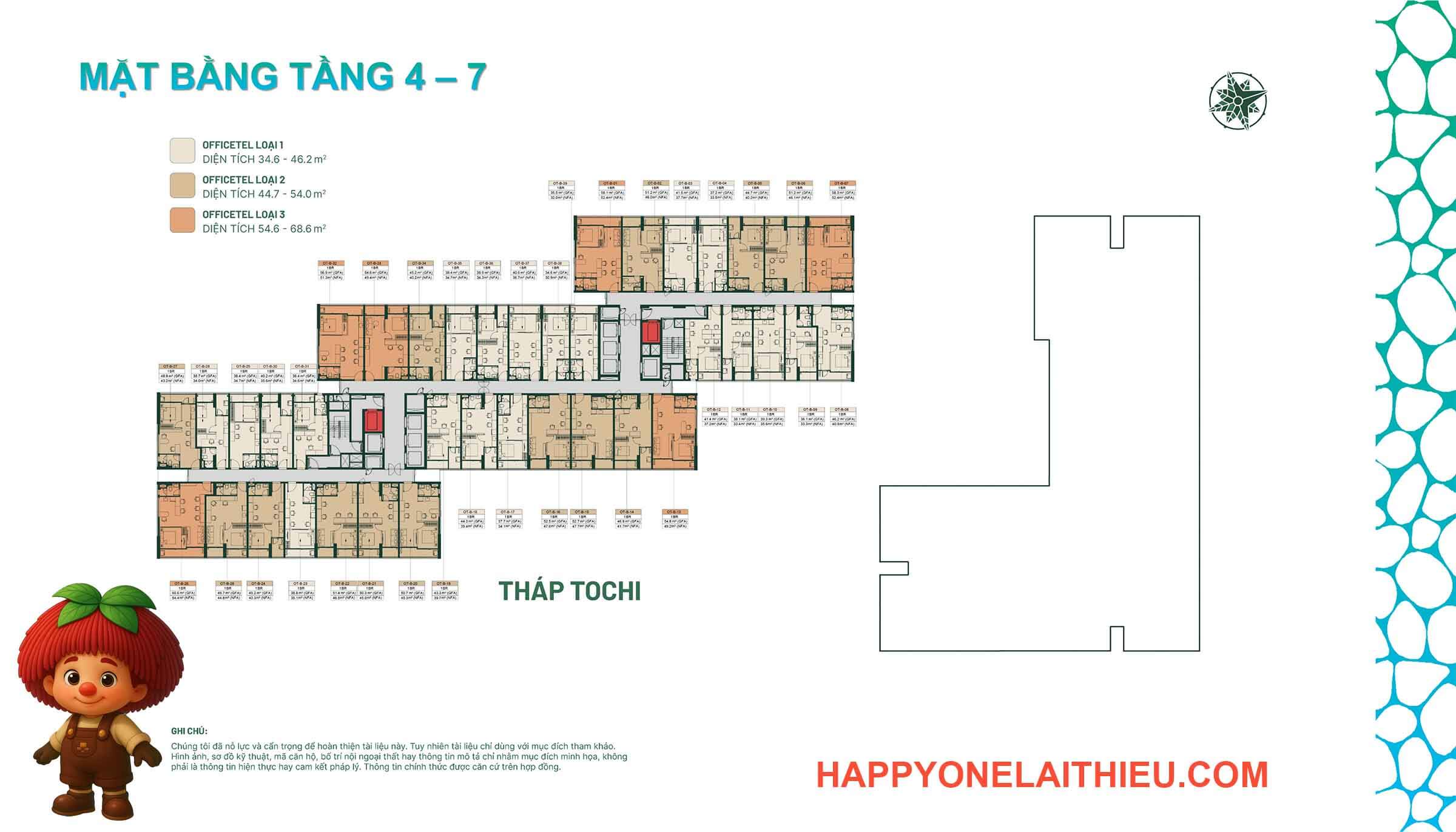 Thiết kế mặt bằng tầng 4 đến tầng 7 dự án Happy One Mori