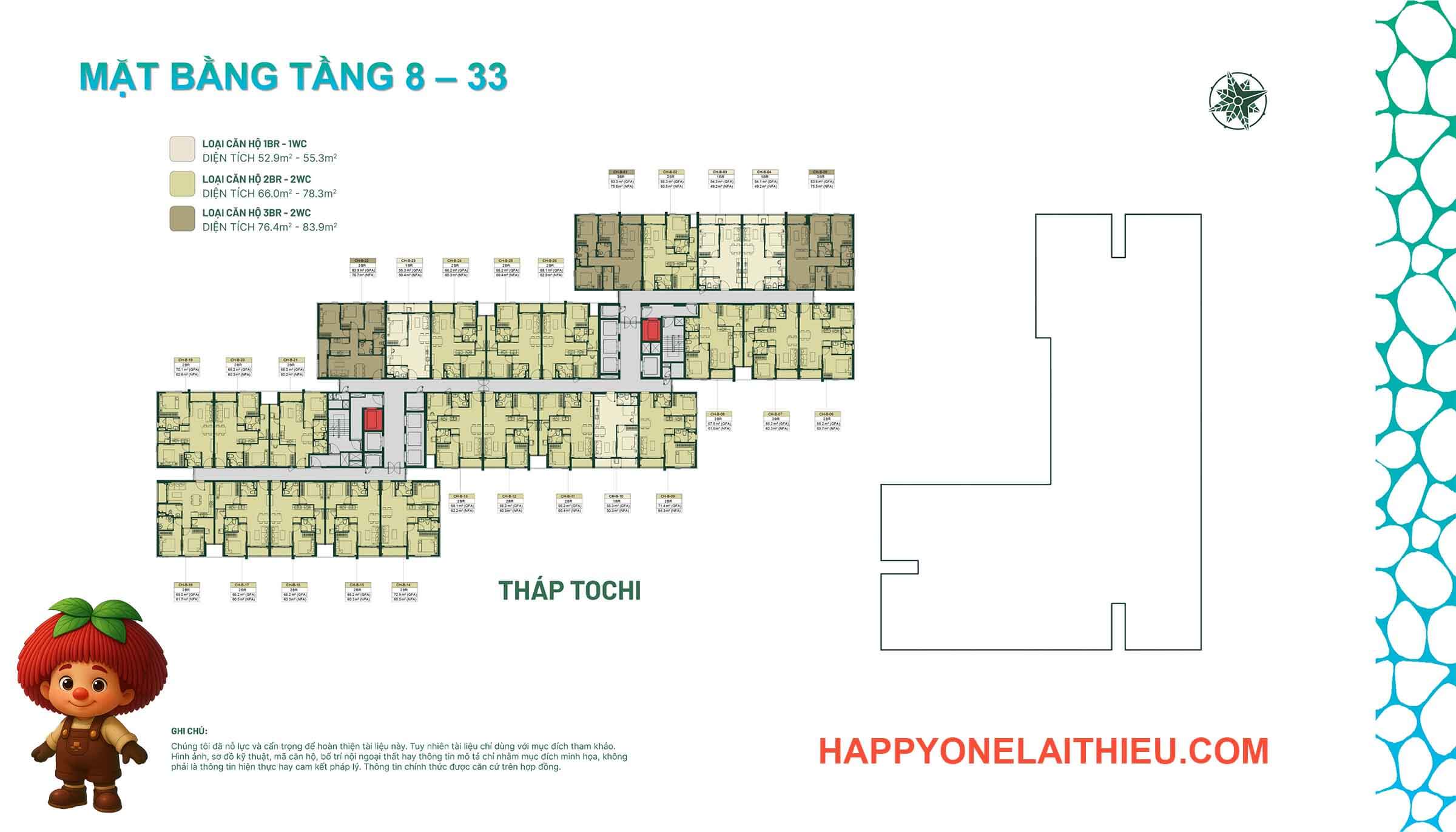 Thiết kế mặt bằng tầng 08 đến tầng 33 dự án Happy One mori